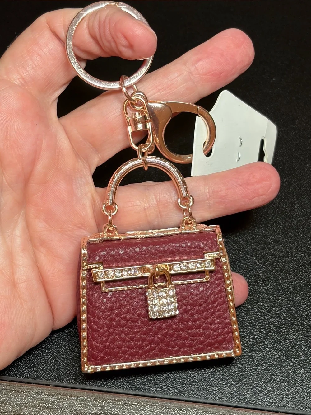Burgundy Mini Handbag Keychain with Gold Crystal Accents